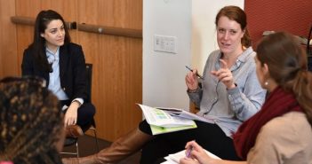 GSE student Liat Zabludovsky, left discussed the results of the MBTI assessment with Law School students Bronwyn Roantree and Elizabeth Snyder. Photos by Dana Maxson