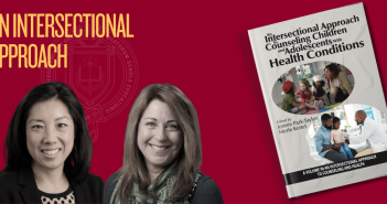 Graphic including book cover for "An Intersectional Approach to Counseling Children and Adolescents with Health Conditions," including headshots of Jennie Park-Taylor, Ph.D., and Merle Keitel, Ph.D. The graphic features the headline 'An Intersectional Approach," and Fordham GSE watermarked seal