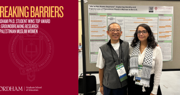 Headline: Breaking Barriers: Fordham Ph.D. Student Wins Top Award for Groundbreaking Research on Palestinian Muslim Women, including photo of Rimah Jaber and Eric Chen, Ph.D.