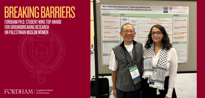 Headline: Breaking Barriers: Fordham Ph.D. Student Wins Top Award for Groundbreaking Research on Palestinian Muslim Women, including photo of Rimah Jaber and Eric Chen, Ph.D.