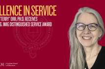 Photo of Dr. Orr on a Fordham Maroon backdrop, with headlines: EXCELLENCE IN SERVICE: Margaret “terry” orr, PH.D. RECEIVES 2024 David G. Imig Distinguished Service Award