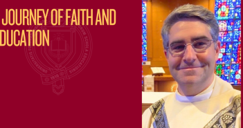 Headline "A Journey of Faith and Education" with a photo of Kevin Spinale, Ph.D. in a church setting