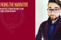 Poster of Nathan Kline, reading "Challenging the Narrative: School Psychology Ph.D. student nathan t. KLINE PUBLISHES VALUABLE AUTISM RESEARCH" with Fordham GSE Seal on Fordham Maroon background
