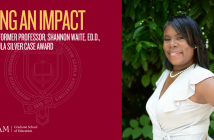 photo of Dr. Shannon Waite with a Fordham seal, caption "Making an Impact"