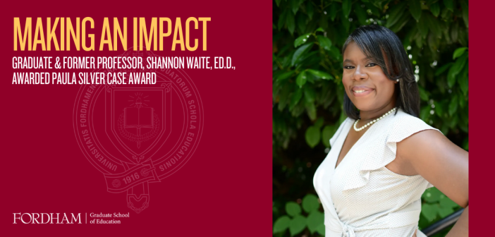 photo of Dr. Shannon Waite with a Fordham seal, caption "Making an Impact"