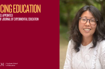 A banner image with the headline "Advancing Education" in gold, followed by "Akane Zusho, Ph.D., Appointed Editor-in-Chief of Journal of Experimental Education" in white text. The left half of the image features a red background with the Fordham Graduate School of Education logo at the bottom. The right half displays a portrait of Akane Zusho, Ph.D., smiling and wearing glasses and a white blouse, with a blurred green outdoor background.