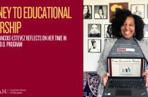Princess Francois-Estevez, a current Fordham Ed.D. student, smiles proudly while holding her laptop, which displays a presentation slide titled "From Survive to Thrive." She wears a t-shirt that reads "Ed.D. Doctor of Education in Progress" and stands in front of a wall adorned with portraits celebrating Black culture. The text on the left reads, "Journey to Educational Leadership: Princess Francois-Estevez Reflects on Her Time in Fordham’s Ed.D. Program," with the Fordham Graduate School of Education logo at the bottom.