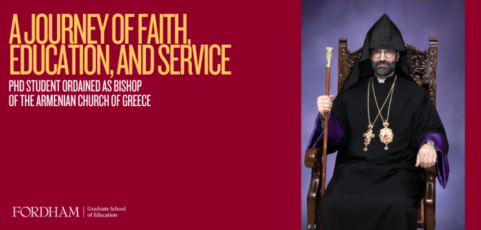 Maroon background with yellow text "A JOURNEY OF FAITH EDUCATION AND SERVICE" with photo of Bishop