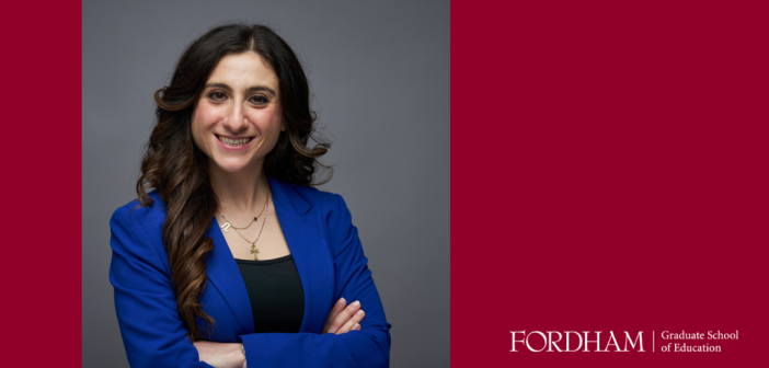 maroon-framed photograph of Melissa Gazal with a Fordham Graduate School of Education logo