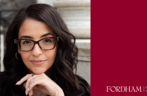 Rimah Jaber headshot in maroon frame with Fordham GSE logo