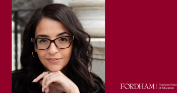 Rimah Jaber headshot in maroon frame with Fordham GSE logo