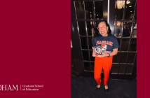 photo of Dr. Dio smiling proudly in a maroon frame, next to Fordham GSE logo