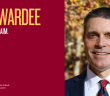 headshot of James Hickey, Ph.D. in Fordham maroon frame, with yellow text NCEA AWARDEE, white below: Lead. Learn. Proclaim. and a white Fordham GSE logo