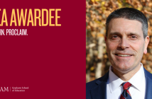 headshot of James Hickey, Ph.D. in Fordham maroon frame, with yellow text NCEA AWARDEE, white below: Lead. Learn. Proclaim. and a white Fordham GSE logo