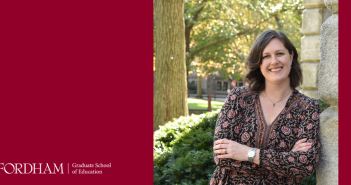 photo of Dr. Anne-Puskar with maroon frame and Fordham GSE logo